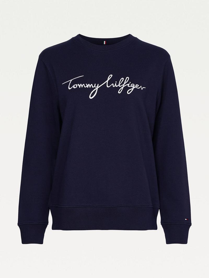 Női Tommy Hilfiger Signature Crewneck Pulóverek Sötétkék | HU 403MQZ